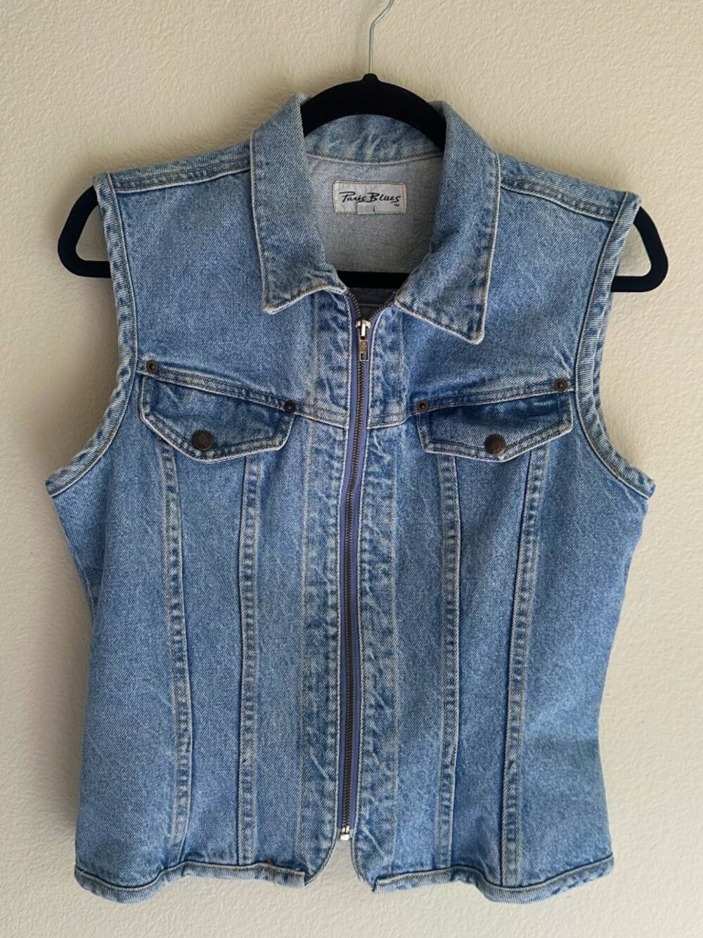 Vintage Denim Vest Paris Blues Light Wash Zip Front 90s Cotton Size L